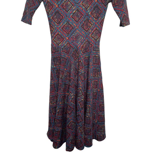 LuLaRoe XXS Fit & Flare Dress Blue Red Geometric Fall Print Work Casual - Picture 5 of 12